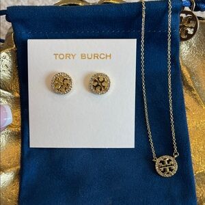 NWT Tory Burch Gold and Pave Earrings and Necklace Set